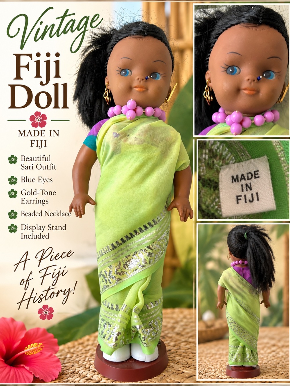 Vintage Made in Fiji Doll Green Sari Purple Blouse Souvenir Display Doll